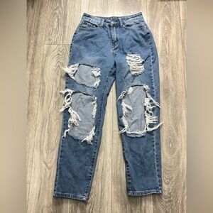 SHEIN Blue Distressed Boyfriend Jeans